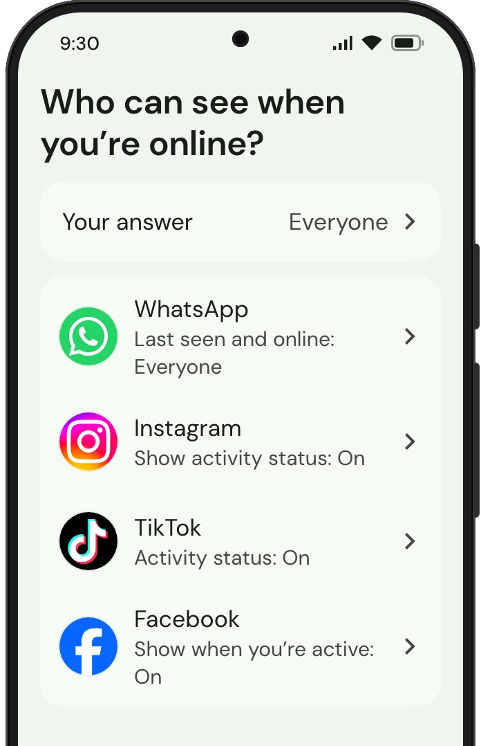 TrueTo on a phone, showing Online status: each setting as you want it.