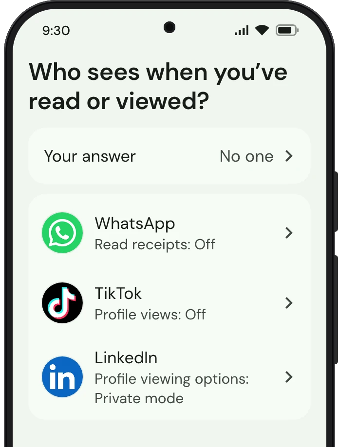 TrueTo on a phone, showing Read receipts and views: each setting as you want it.