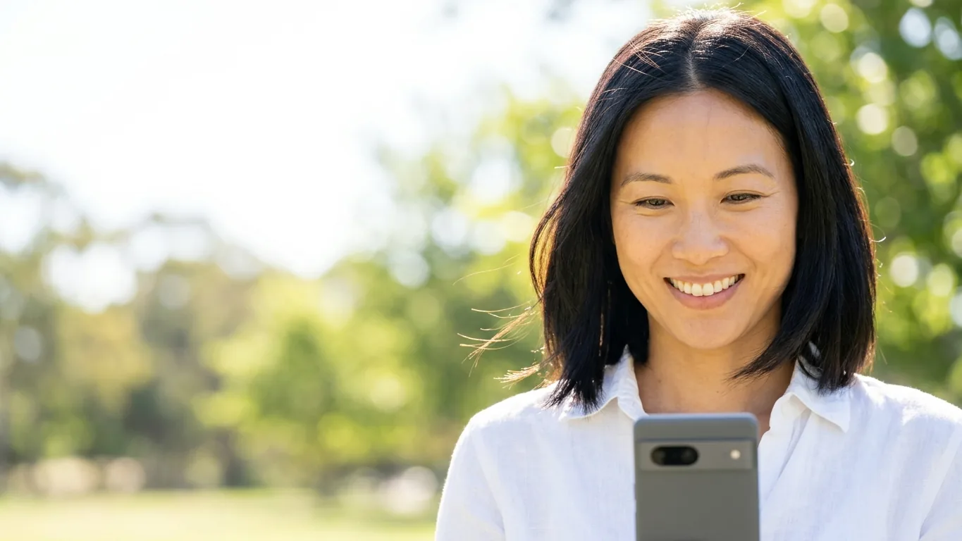 A woman smiling at her phone in a sunny park
