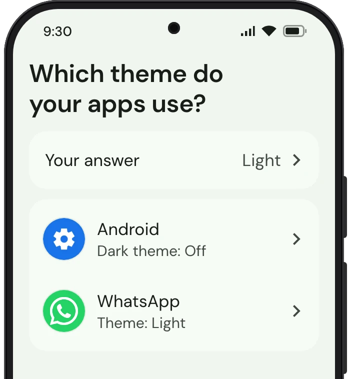 TrueTo on a phone, showing Dark mode set for Bright.