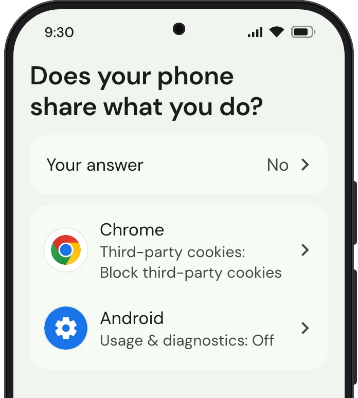 TrueTo on a phone, showing Data sharing: each setting as you want it.