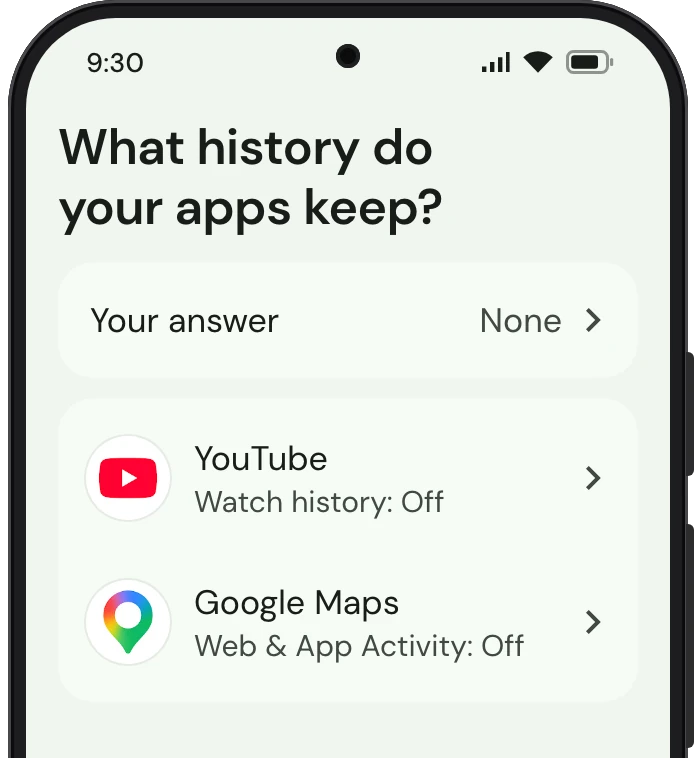 TrueTo on a phone, showing History: each setting as you want it.