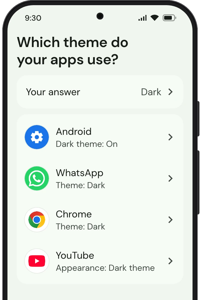 TrueTo on a phone, showing Dark mode set for Dim.