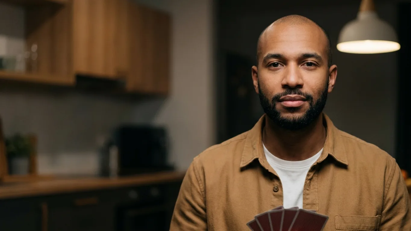 A man at a kitchen table holding his cards close, with a poker face