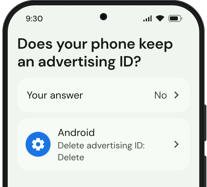 TrueTo on a phone, showing Advertising ID set for Discreet.