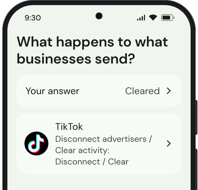 TrueTo on a phone, showing What businesses send set for Discreet.