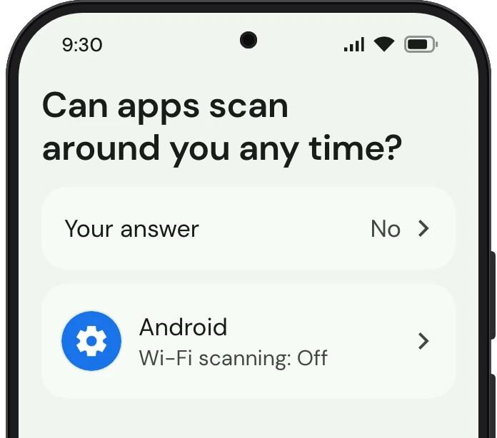 TrueTo on a phone, showing Wi-Fi and Bluetooth scanning set for Discreet.