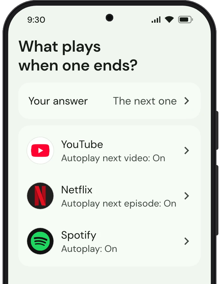 TrueTo on a phone, showing Up next: each setting as you want it.