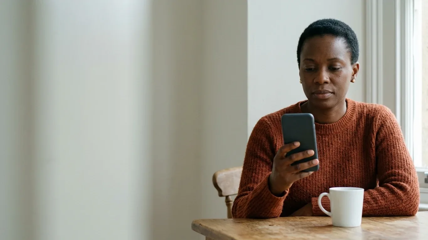 A woman at her kitchen table looking at her phone