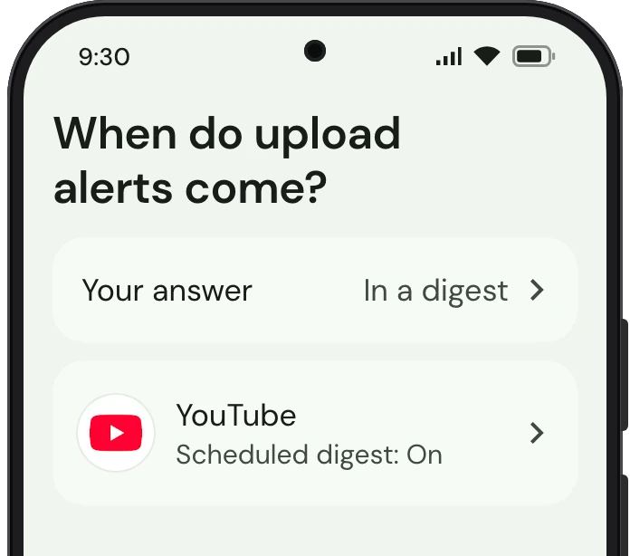 TrueTo on a phone, showing Scheduled digest as this page sets it.