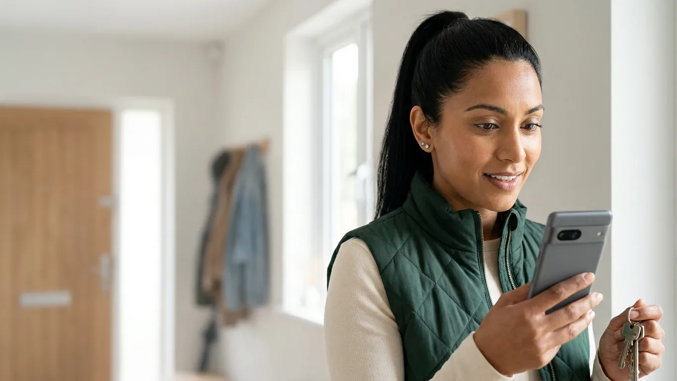A woman in her hallway with her keys in her hand, smiling at her phone