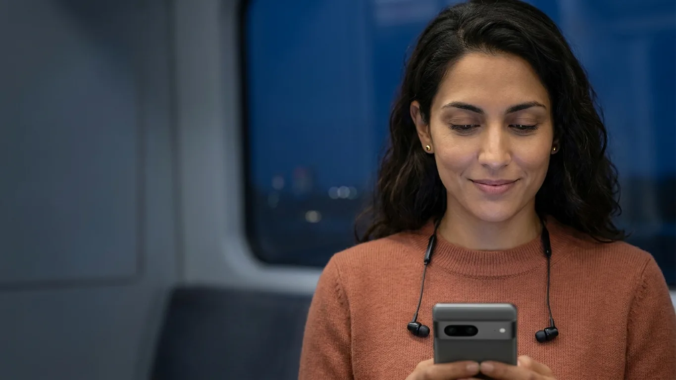 A woman on a train at night smiling at her phone, earbuds round her neck