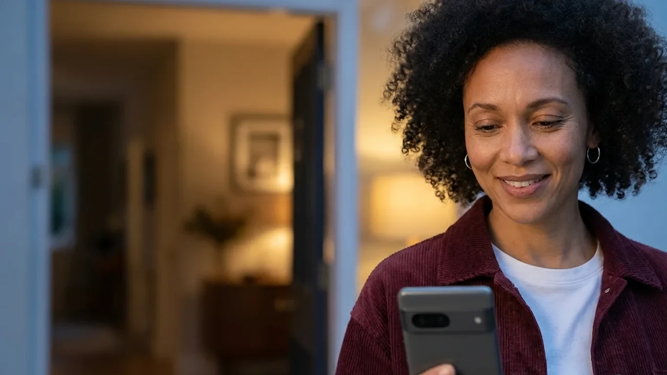 A woman at her open front door smiling at her phone