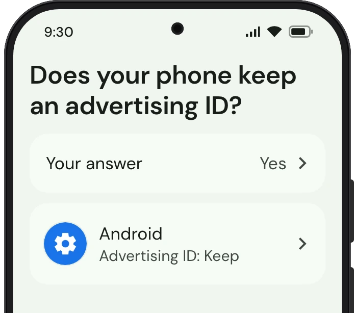 TrueTo on a phone, showing Advertising ID set for Personalized.
