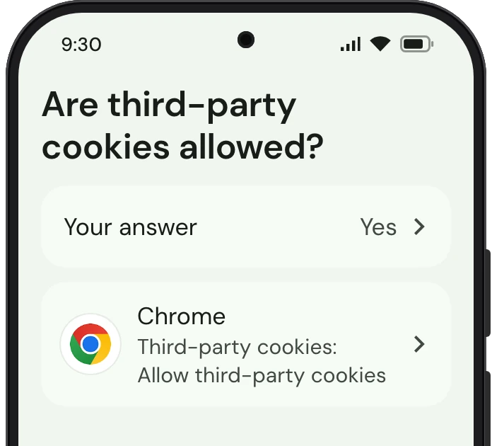 TrueTo on a phone, showing Third-party cookies set for Personalized.