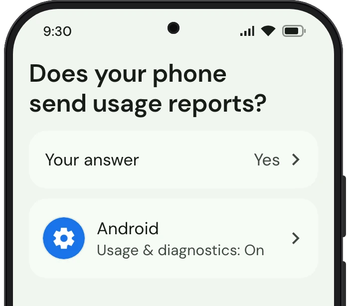 TrueTo on a phone, showing Usage and diagnostics set for Personalized.