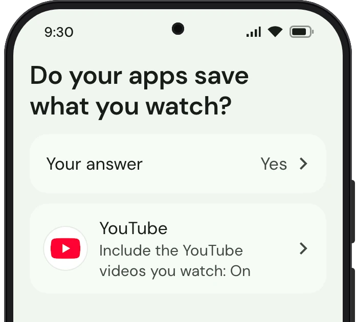 TrueTo on a phone, showing Watch and search history set for Personalized.