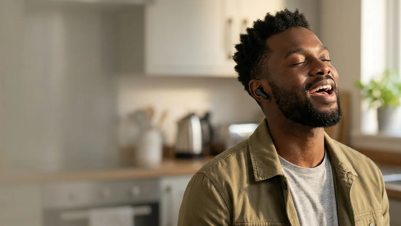 A man in his kitchen singing along with his eyes closed, earbuds in