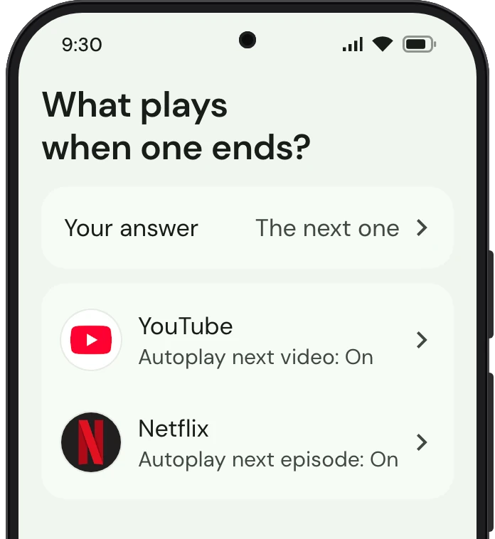 TrueTo on a phone, showing Next video set for Playing.