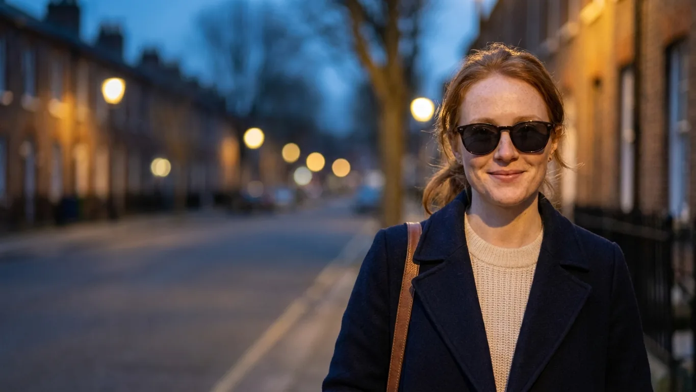 A woman in sunglasses smiling on a street at dusk