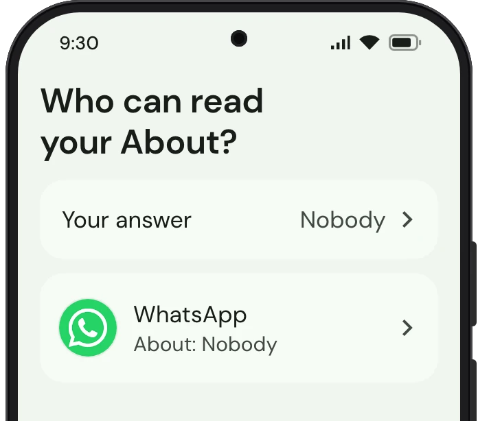 TrueTo on a phone, showing About line set for Privacy.
