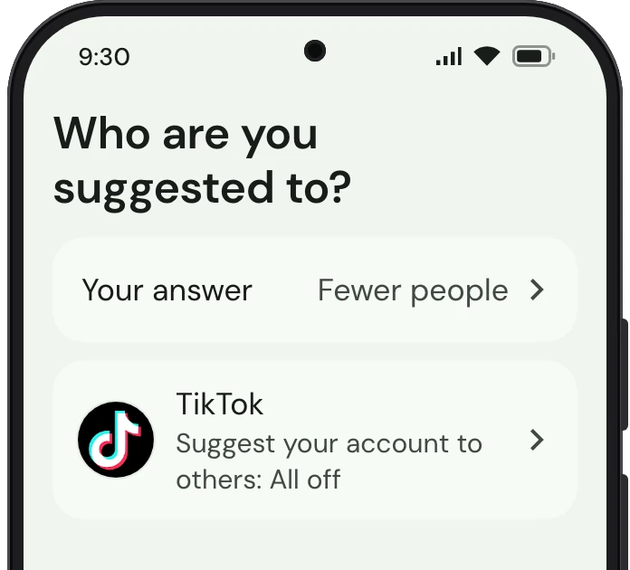 TrueTo on a phone, showing Account suggestions set for Privacy.