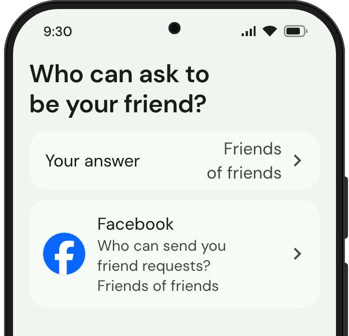 TrueTo on a phone, showing Friend requests set for Privacy.