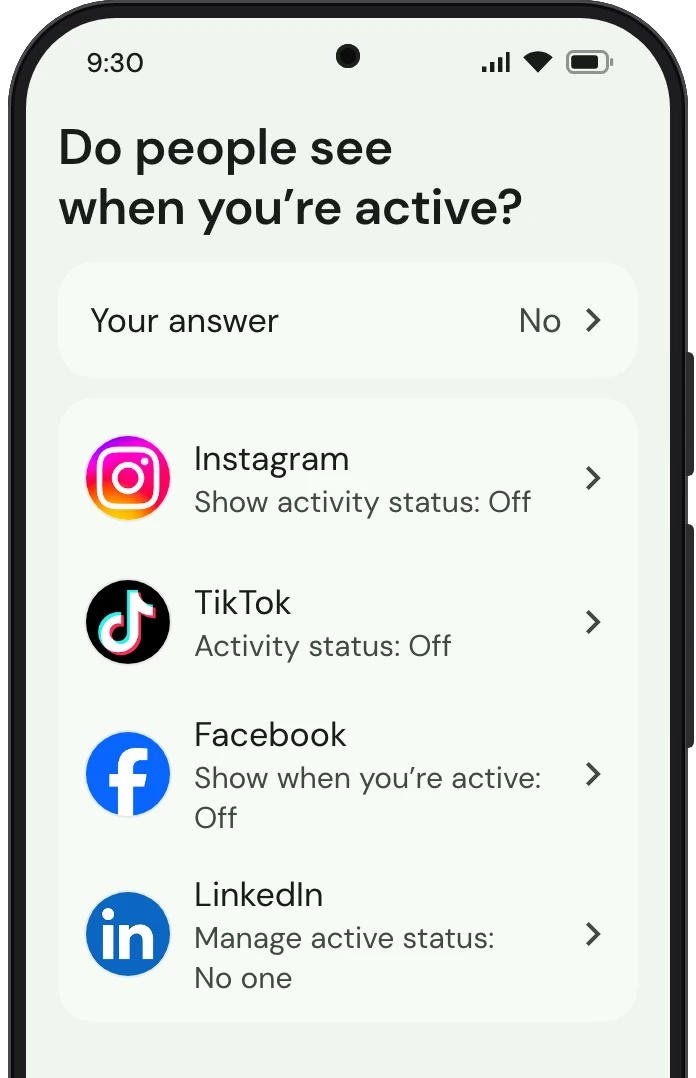 TrueTo on a phone, showing Green dot set for Privacy.