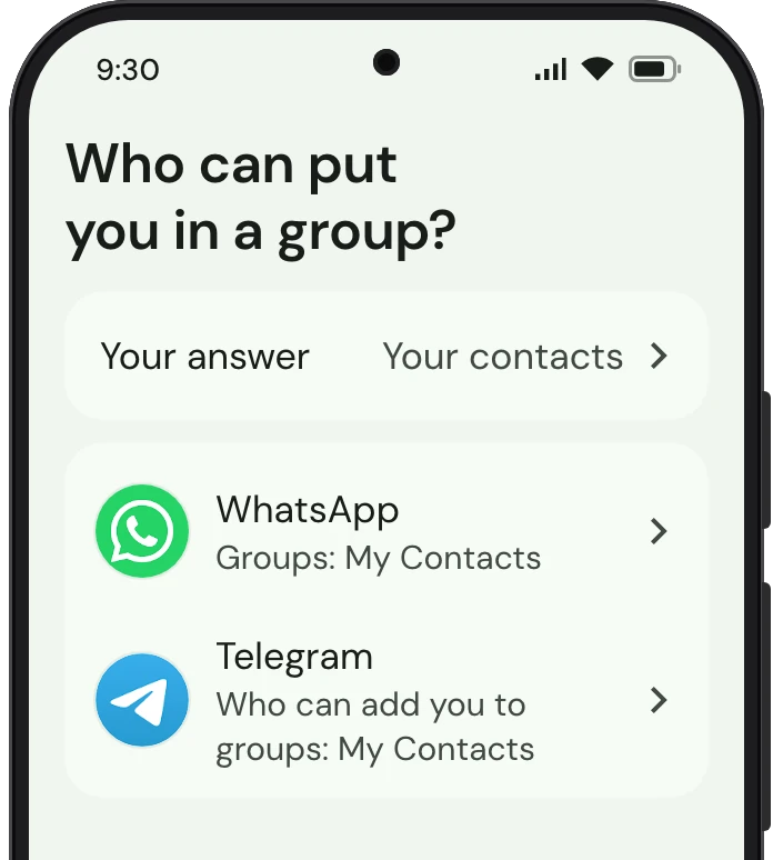TrueTo on a phone, showing Groups set for Privacy.