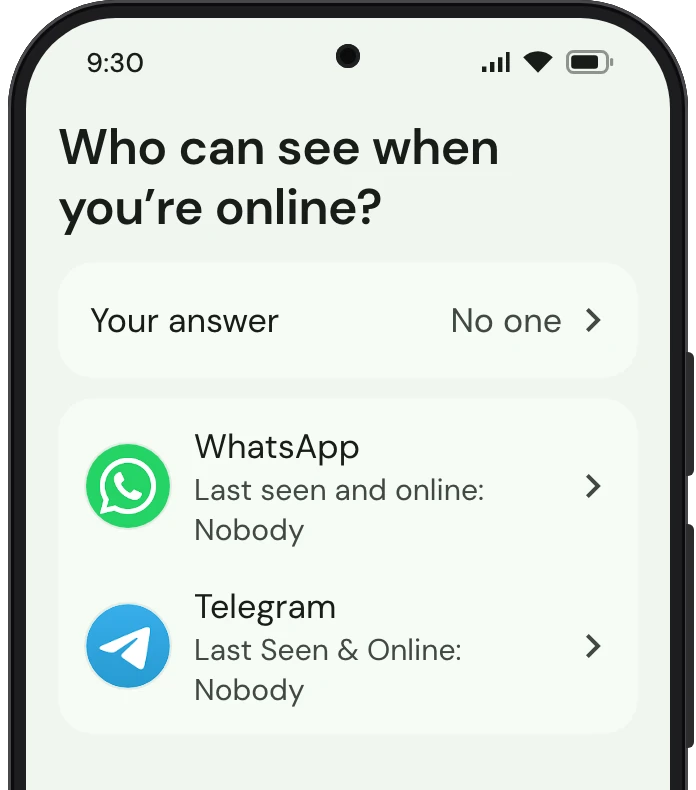 TrueTo on a phone, showing Last seen and online set for Privacy.