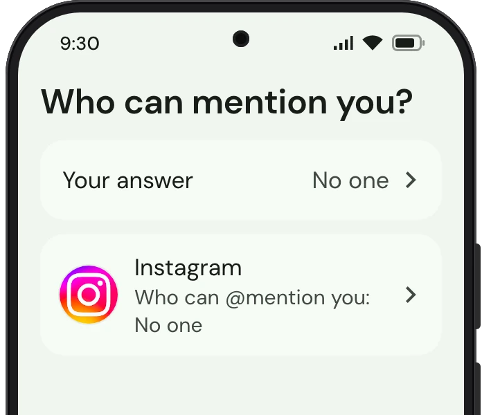 TrueTo on a phone, showing Mentions set for Privacy.