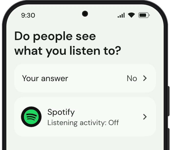 TrueTo on a phone, showing Music set for Privacy.