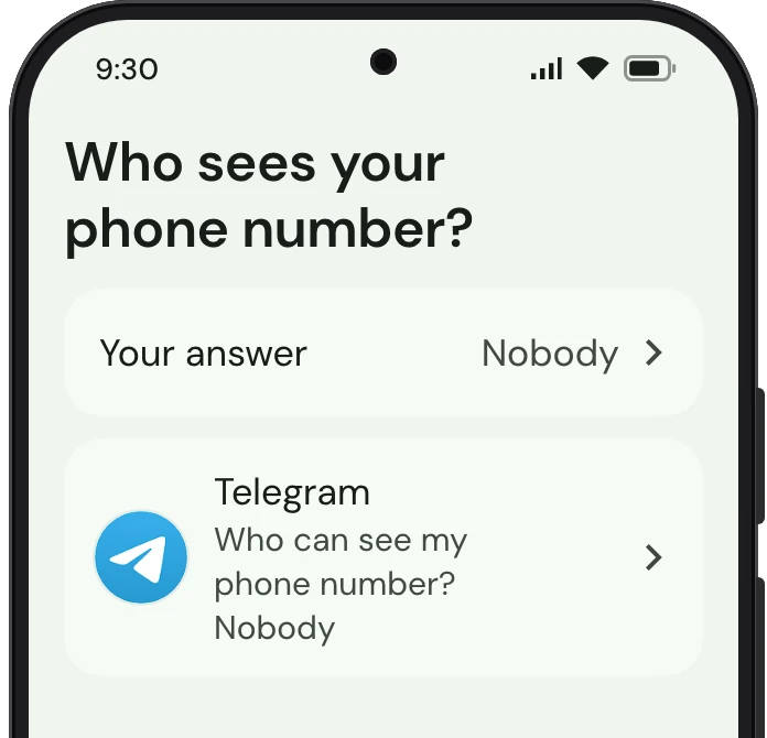 TrueTo on a phone, showing Phone number set for Privacy.