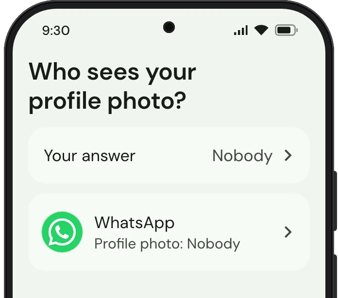 TrueTo on a phone, showing Profile photo set for Privacy.