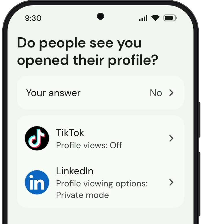 TrueTo on a phone, showing Profile views set for Privacy.