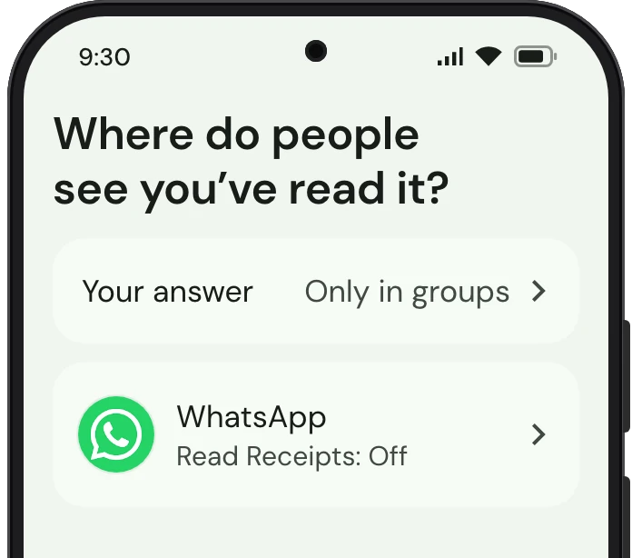 TrueTo on a phone, showing Read receipts set for Privacy.