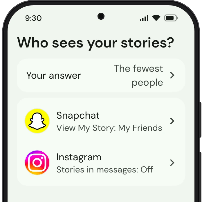 TrueTo on a phone, showing Stories set for Privacy.
