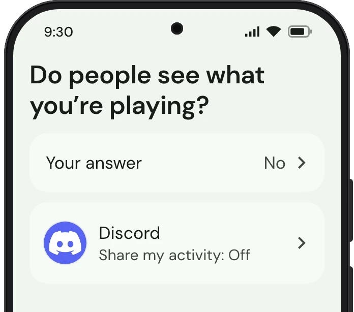 TrueTo on a phone, showing What you’re playing set for Privacy.