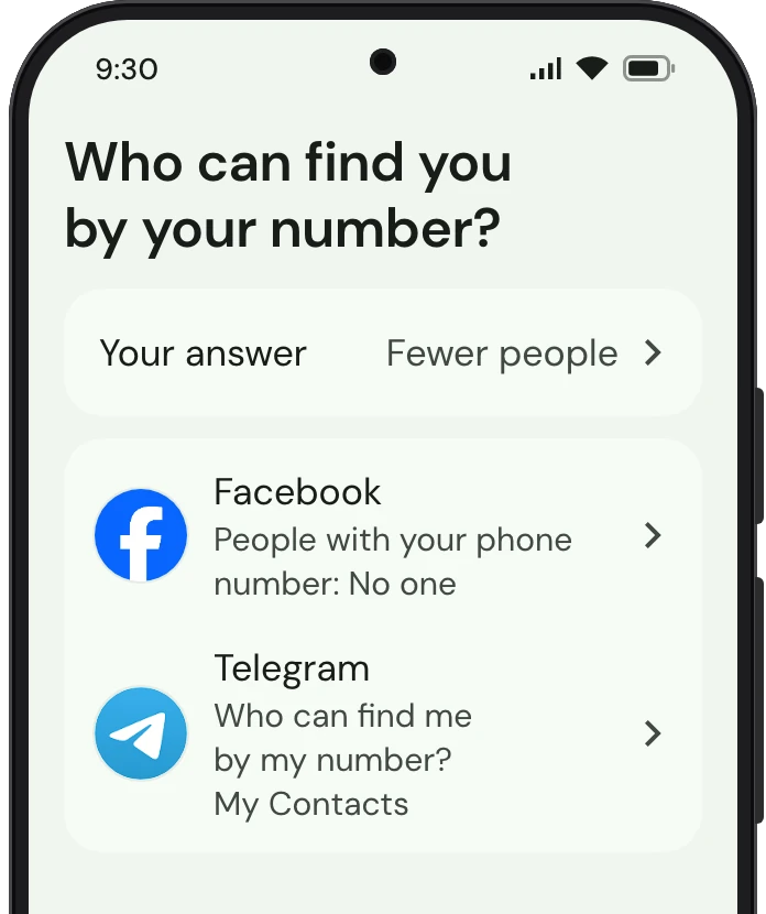 TrueTo on a phone, showing Your number and email set for Privacy.
