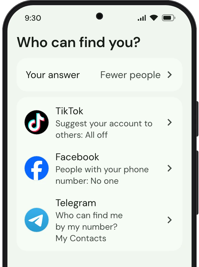 TrueTo on a phone, showing what it sets for Privacy.