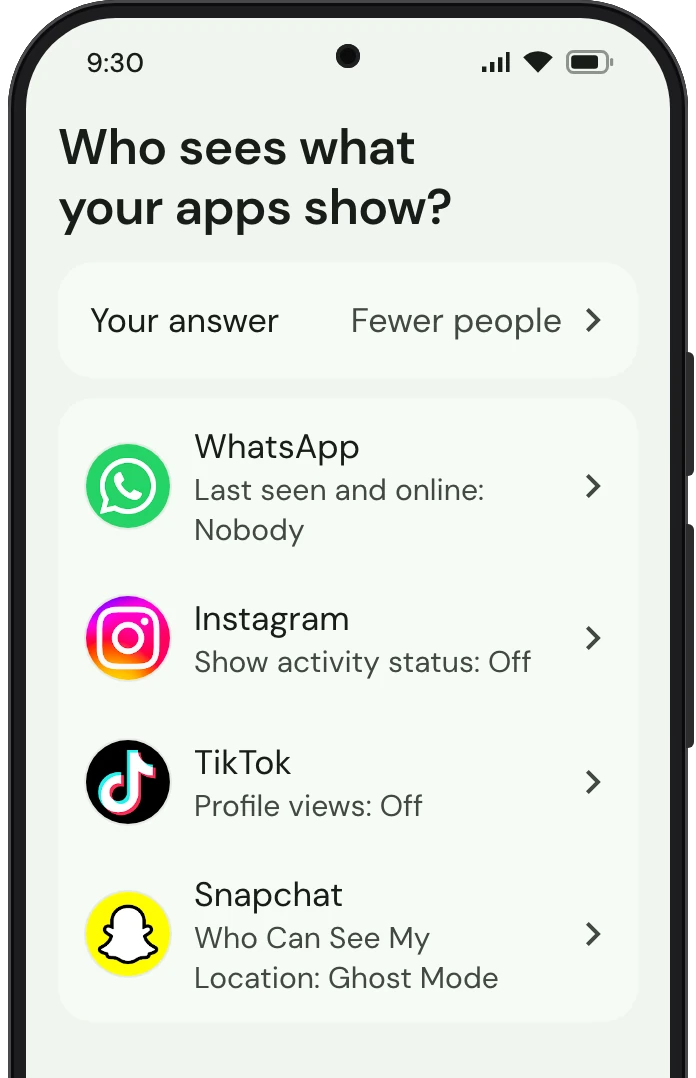 TrueTo on a phone, showing what it sets for Privacy.