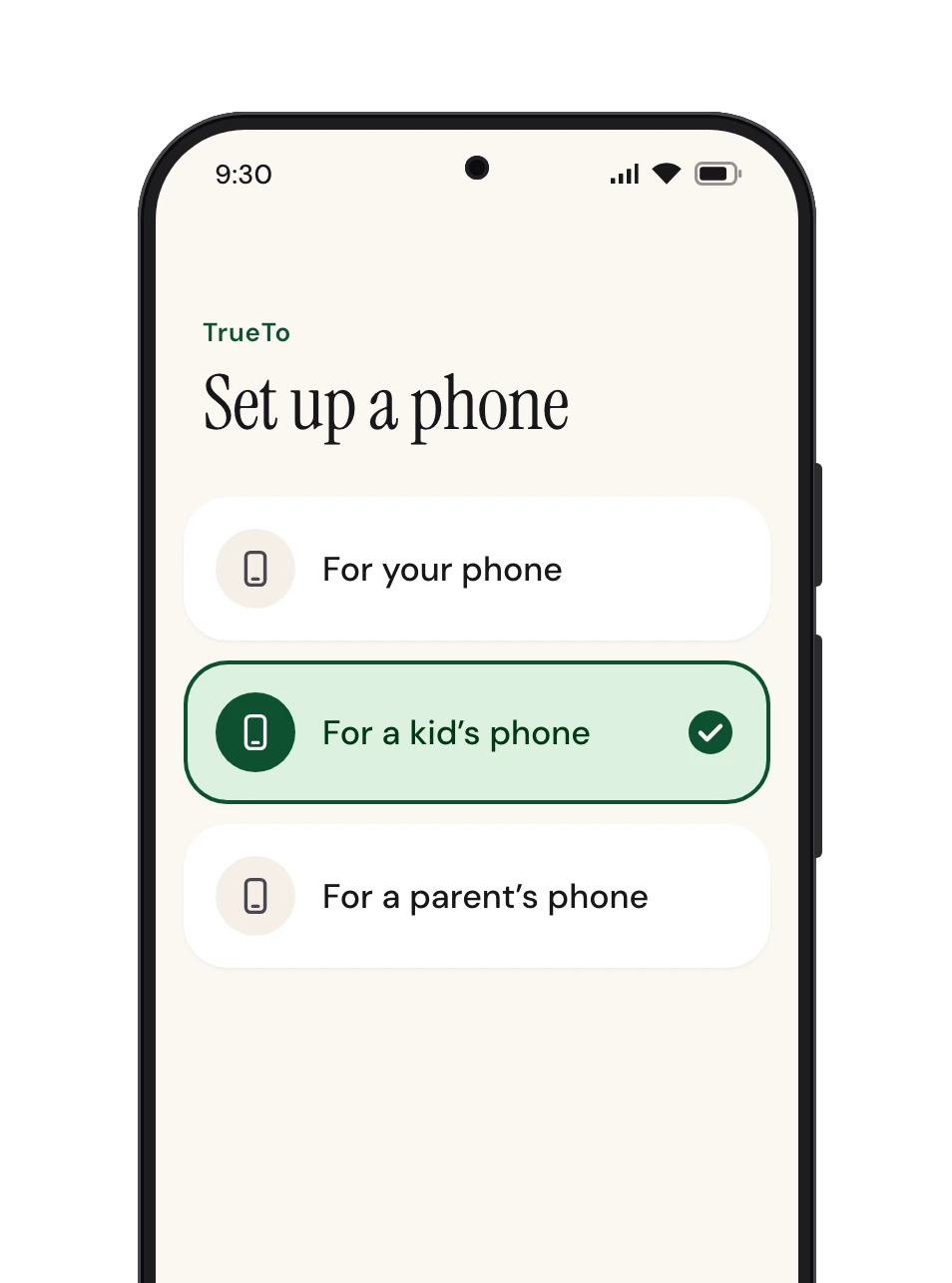 TrueTo on a phone, with “For a kid’s phone” chosen.