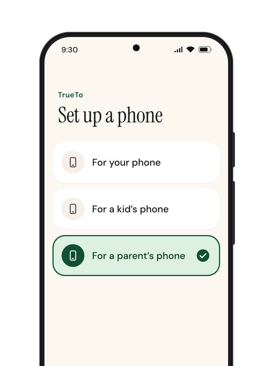 TrueTo on a phone, with “For a parent’s phone” chosen.