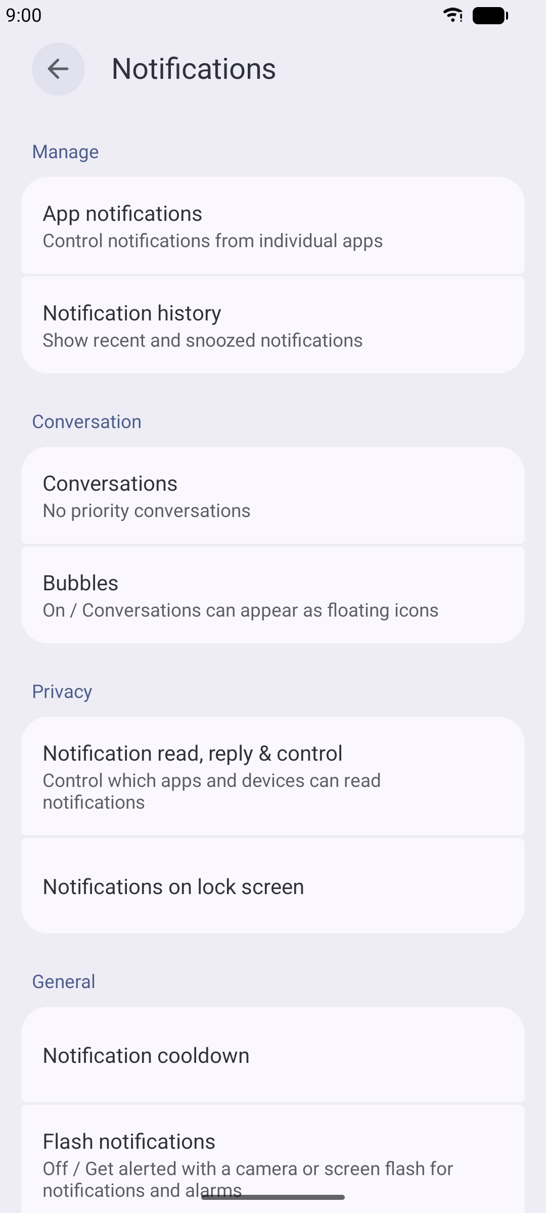 Android Notifications settings screen listing the Notification history entry.