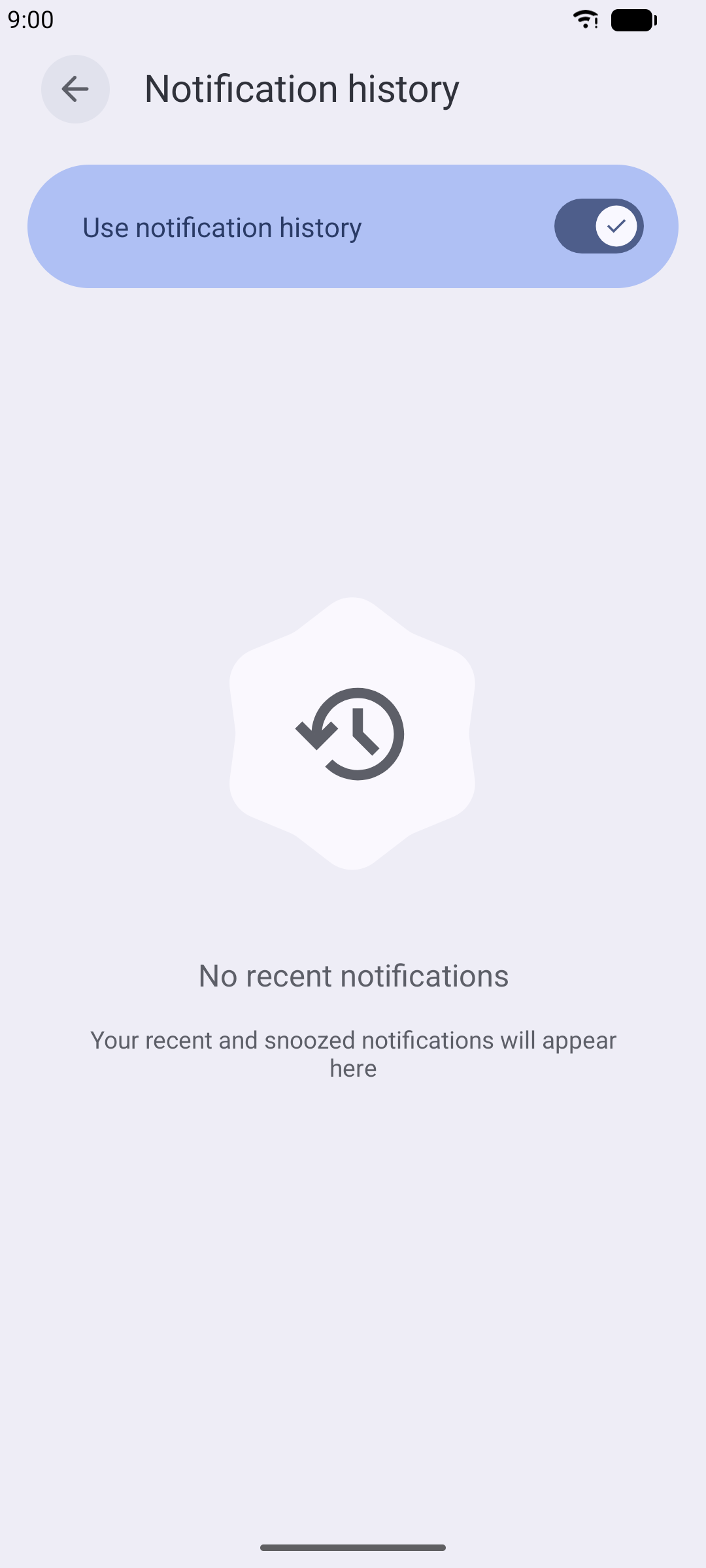 Android Notification history screen with the toggle switched on.