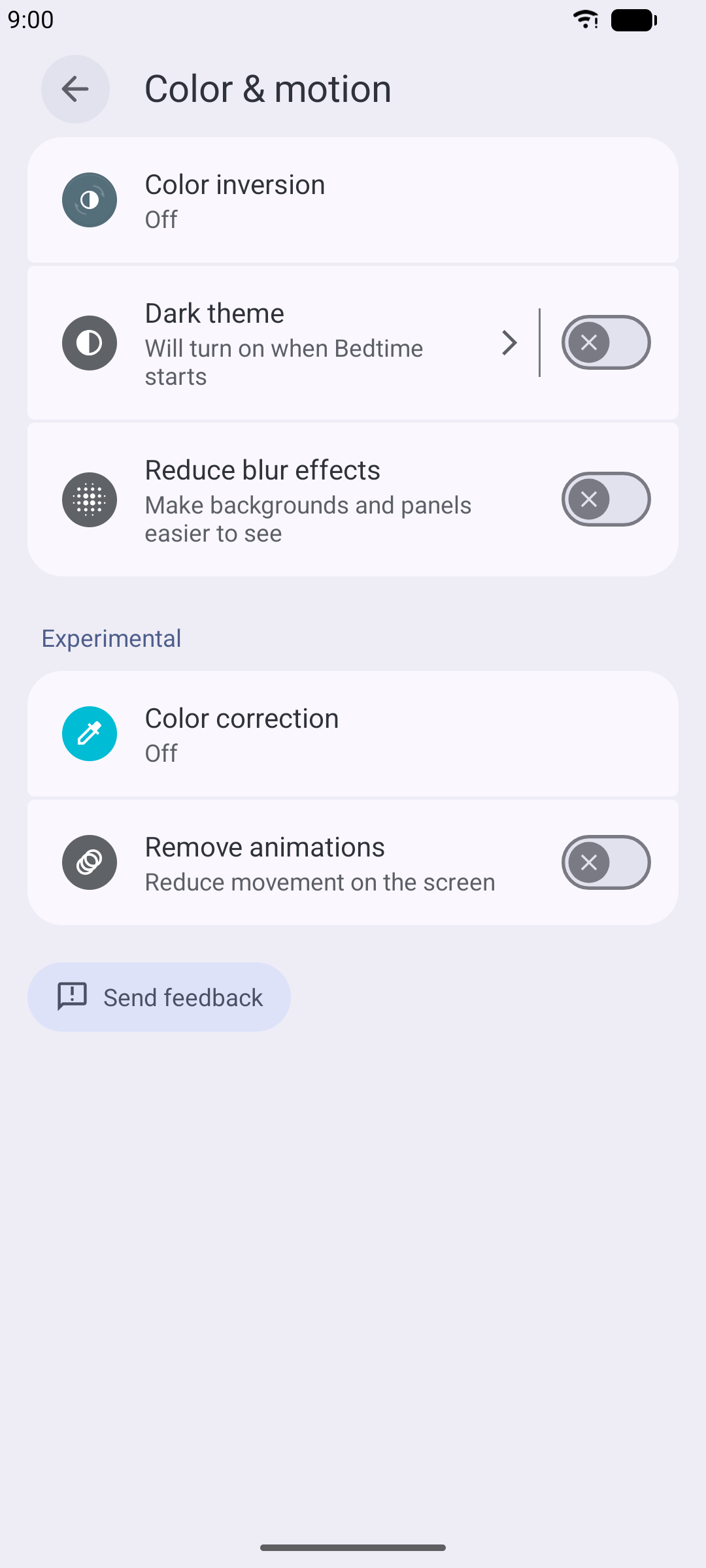 Android Accessibility Color & motion submenu listing Remove animations.