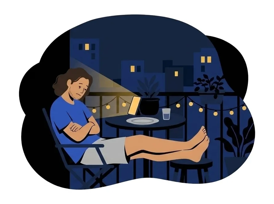 Luca on the balcony with his arms crossed, watching the glowing phone on the table, his feet still up on the stool
