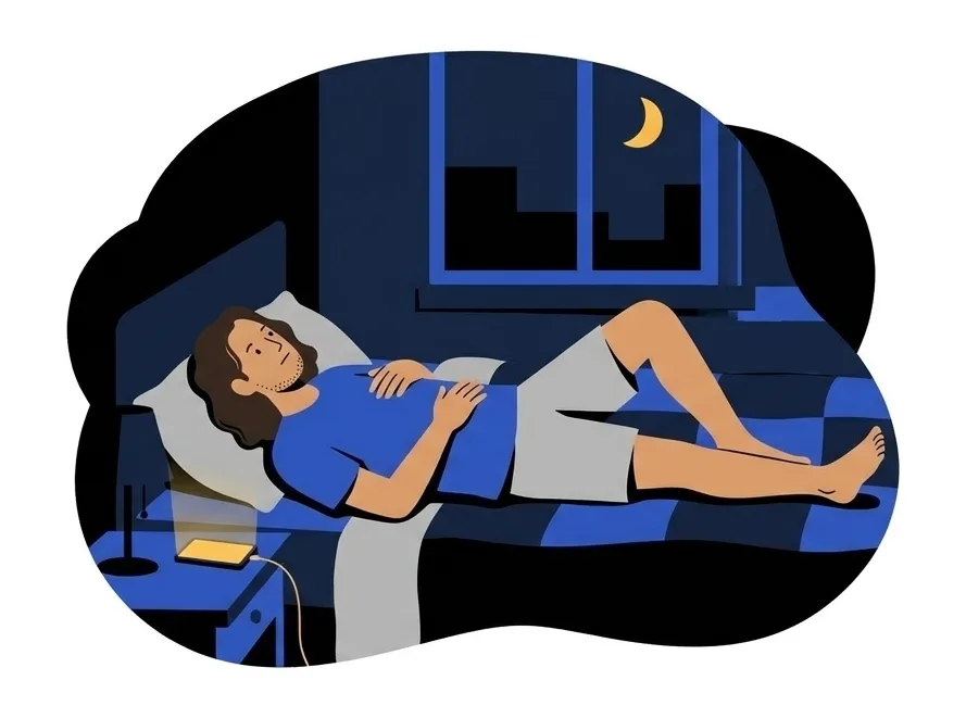 Luca lying on his bed at night with his hands on his stomach, a phone charging on the bedside table, a crescent moon in the window