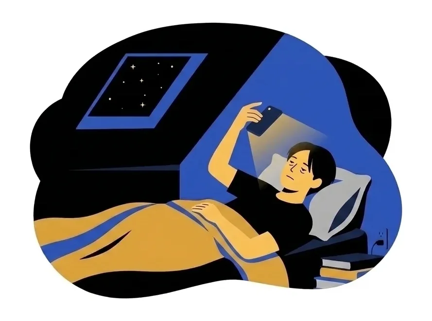 Jun lying in bed with the phone held up high over his face, its glow on his cheek, the window showing stars