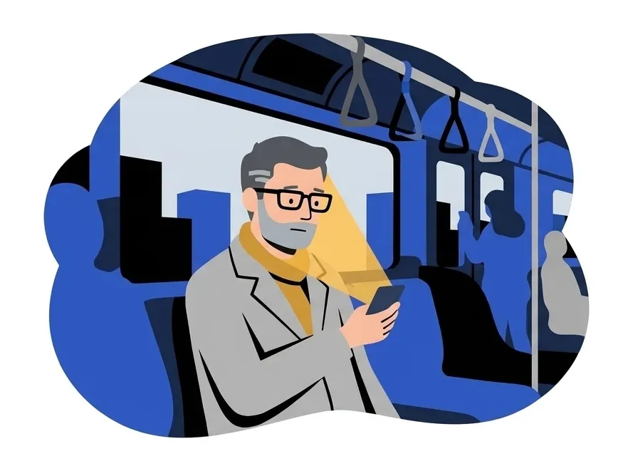 Marcus sitting in a train carriage with his phone in both hands, its light on his face, and the city passing in the window